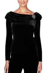 Alex Evenings Long Sleeve Velvet Blouse with Decorative Broach 3916945