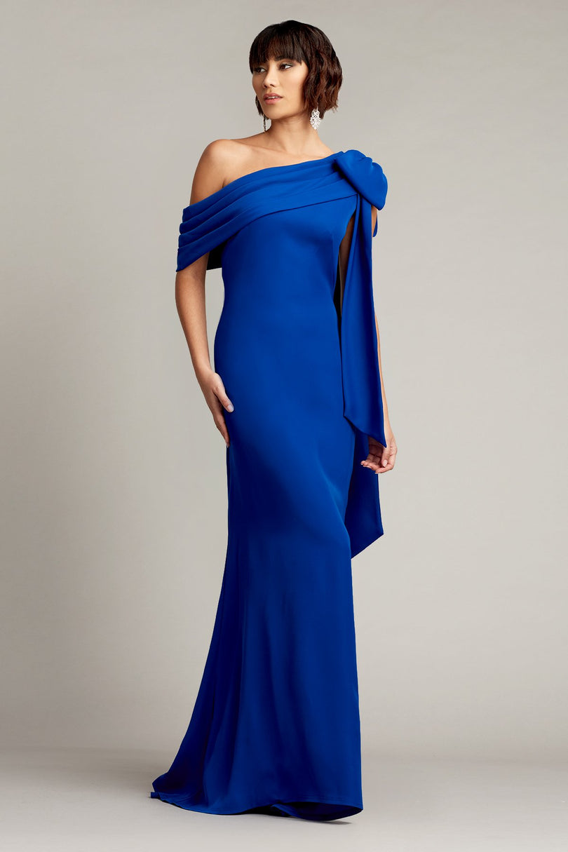 Tadashi Shoji Cassia Bow-Shoulder Crepe Evening Gown ALG18371L