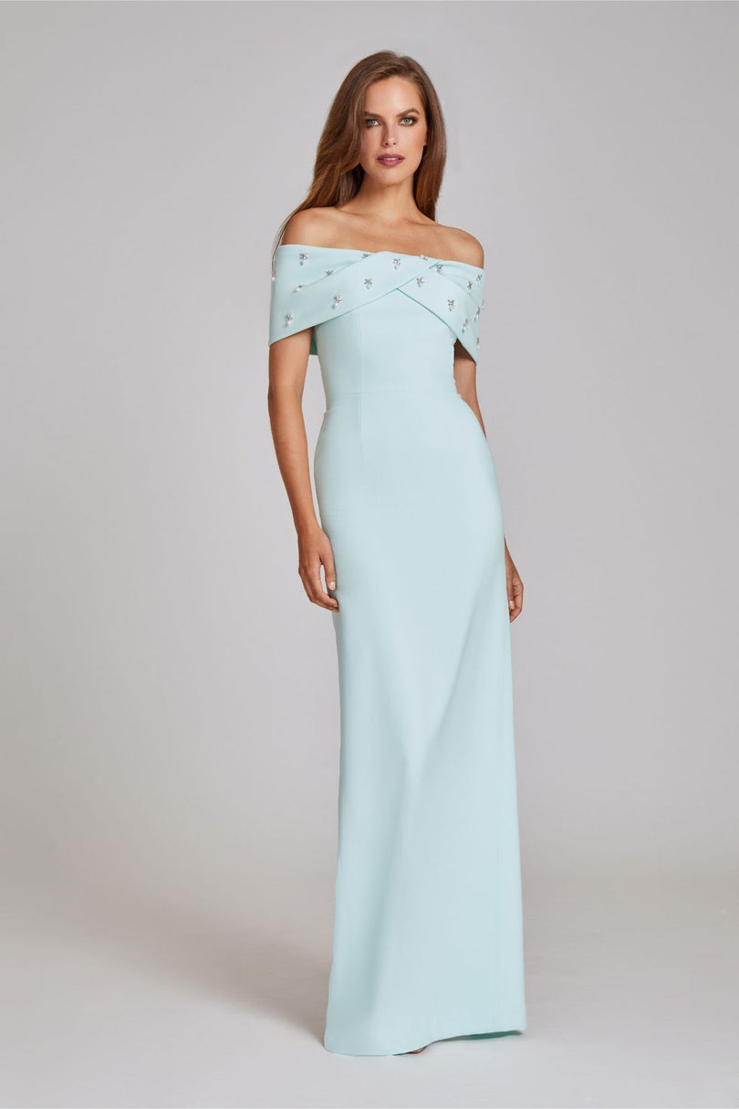 Teri Jon Crepe Off The Shoulder Jewel Trim Portrait Column Gown 239069