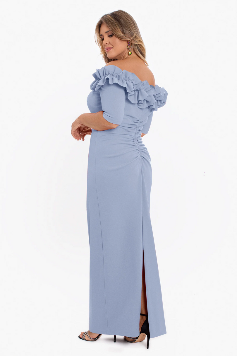 Xscape Evenings "Isla" Long Crepe Off the Shoulder Ruffle Dress 3856X