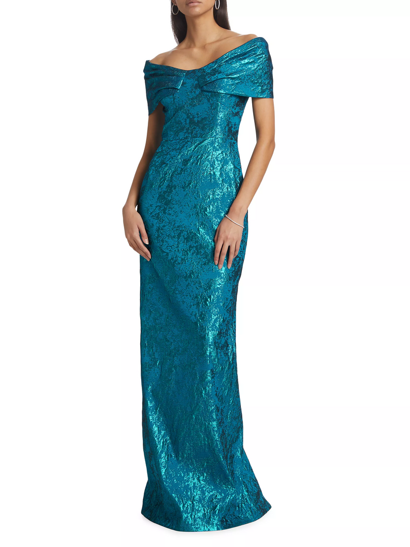 Teri Jon Metallic Jacquard Off-the-Shoulder Gown 237003