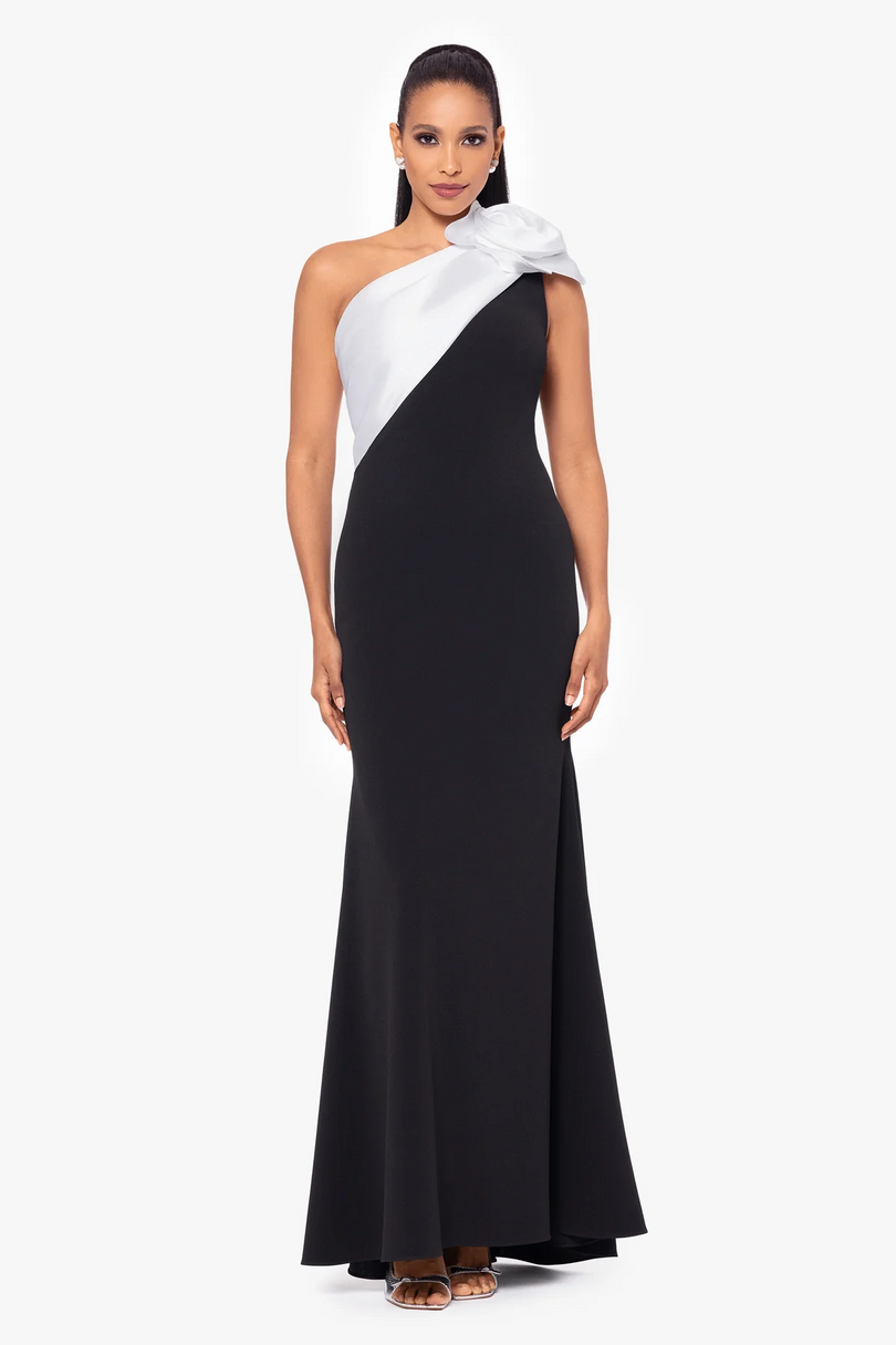 Betsy and Adam One Shoulder Scuba Crepe "Havannah" Dress A26742