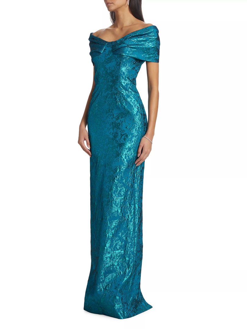 Teri Jon Metallic Jacquard Off-the-Shoulder Gown 237003