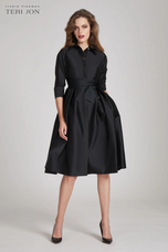 Teri Jon 3/4 Sleeve Belted Taffeta Shirtdress 69224