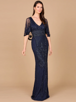 Lara Cape Sleeve V-Neck Beaded Evening Gown 29356